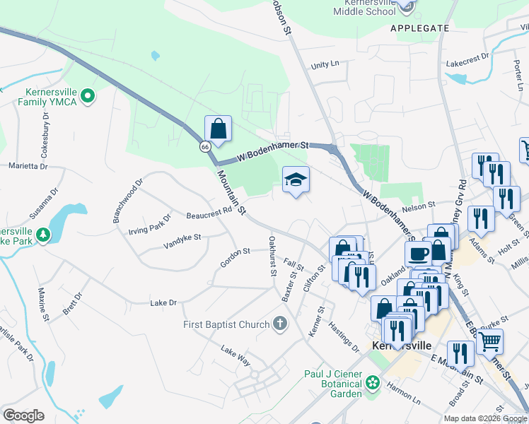 map of restaurants, bars, coffee shops, grocery stores, and more near 608 West Mountain Street in Kernersville