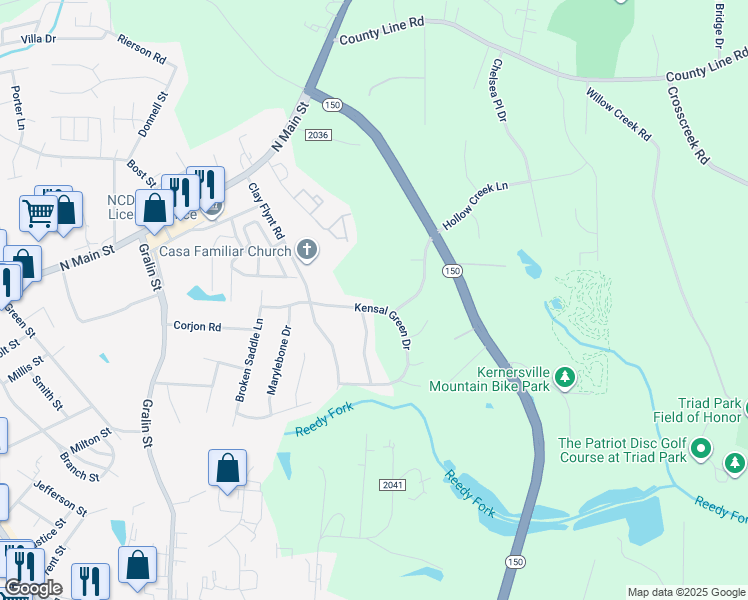 map of restaurants, bars, coffee shops, grocery stores, and more near 933 Kensal Green Drive in Kernersville