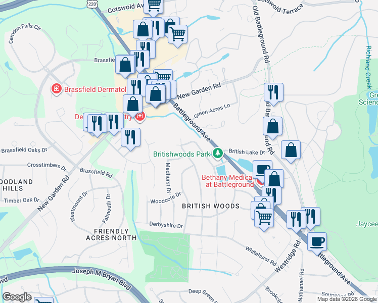 map of restaurants, bars, coffee shops, grocery stores, and more near 2104 Tennyson Drive in Greensboro