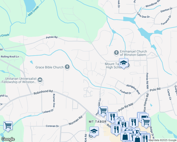 map of restaurants, bars, coffee shops, grocery stores, and more near 3973 Valley Court in Winston-Salem