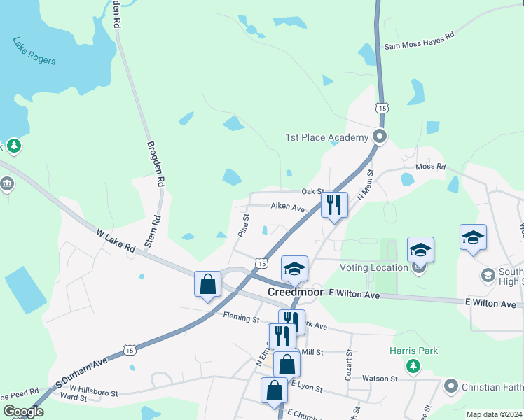 map of restaurants, bars, coffee shops, grocery stores, and more near 319 Aiken Avenue in Creedmoor