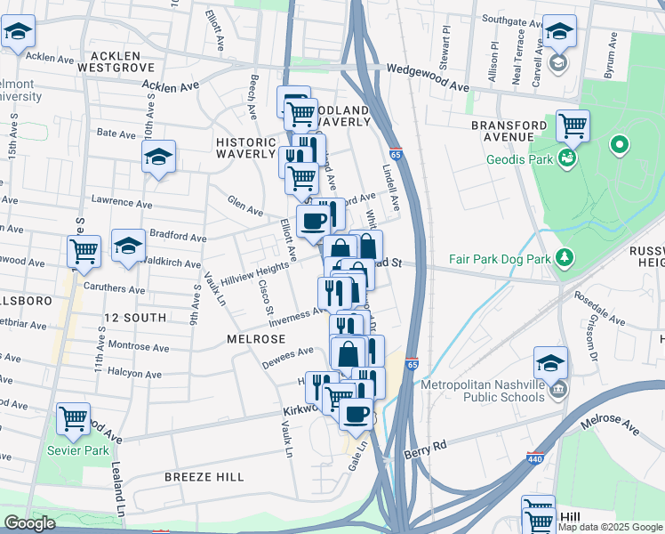 map of restaurants, bars, coffee shops, grocery stores, and more near 2350 8th Avenue South in Berry Hill