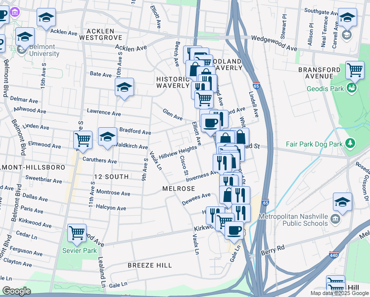 map of restaurants, bars, coffee shops, grocery stores, and more near 814 Hillview Heights in Nashville