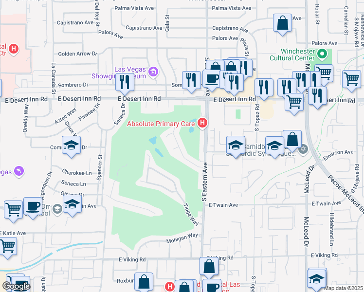map of restaurants, bars, coffee shops, grocery stores, and more near 3482 Pueblo Way in Las Vegas