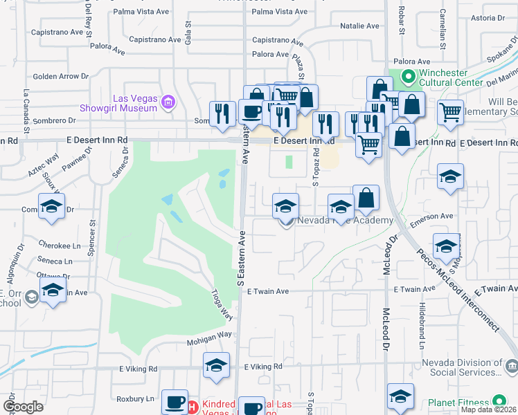 map of restaurants, bars, coffee shops, grocery stores, and more near 3482 Villa Hermosa Drive in Las Vegas