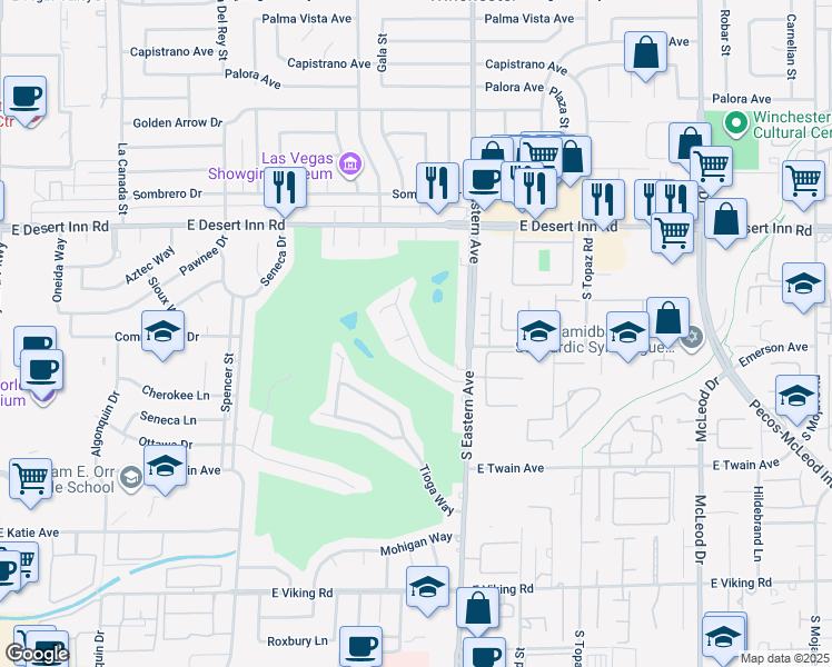 map of restaurants, bars, coffee shops, grocery stores, and more near 3508 Pueblo Way in Las Vegas