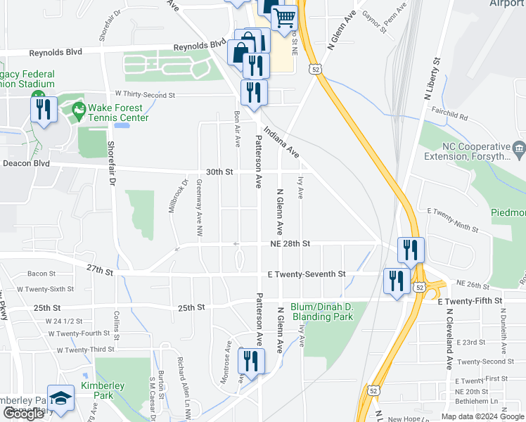 map of restaurants, bars, coffee shops, grocery stores, and more near 2845 Patterson Avenue in Winston-Salem