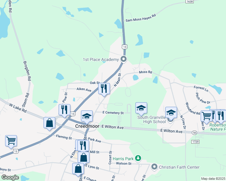 map of restaurants, bars, coffee shops, grocery stores, and more near 828 North Main Street in Creedmoor