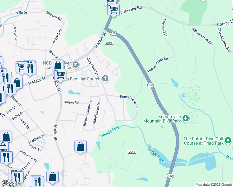 map of restaurants, bars, coffee shops, grocery stores, and more near 917 Kensal Green Drive in Kernersville