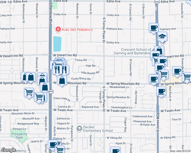 map of restaurants, bars, coffee shops, grocery stores, and more near 3452 Falla Street in Las Vegas