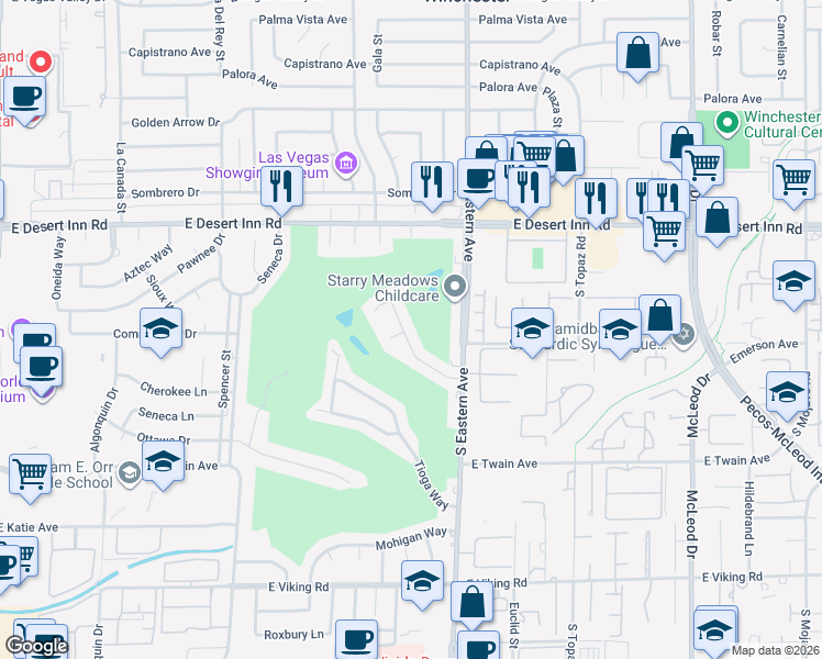 map of restaurants, bars, coffee shops, grocery stores, and more near 3508 Pueblo Way in Las Vegas