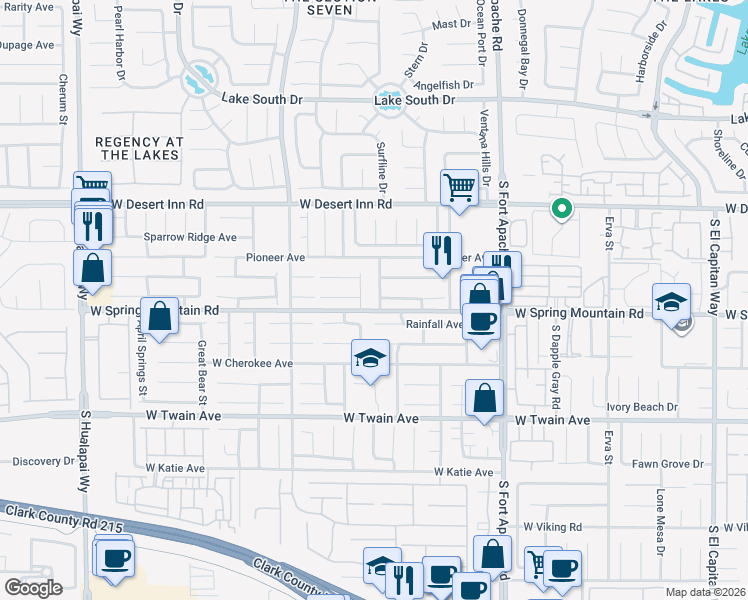 map of restaurants, bars, coffee shops, grocery stores, and more near 9624 Rainfall Avenue in Las Vegas