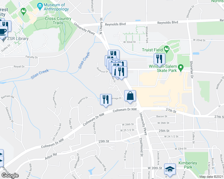map of restaurants, bars, coffee shops, grocery stores, and more near 621 Gunston Court in Winston-Salem
