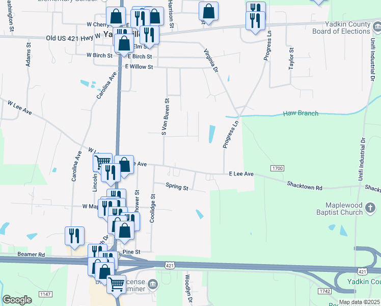 map of restaurants, bars, coffee shops, grocery stores, and more near 333 East Lee Avenue in Yadkinville