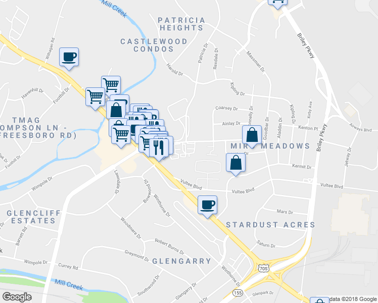 map of restaurants, bars, coffee shops, grocery stores, and more near Unnamed Road in Nashville