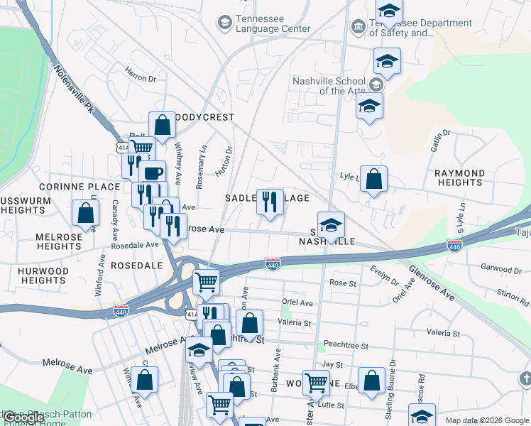 map of restaurants, bars, coffee shops, grocery stores, and more near 2150A Oakland Street in Nashville