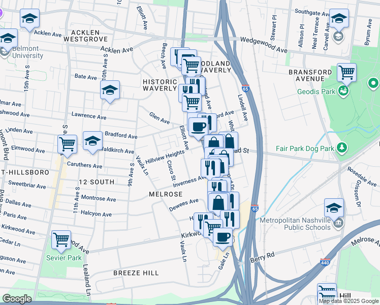 map of restaurants, bars, coffee shops, grocery stores, and more near 2405 8th Avenue South in Nashville