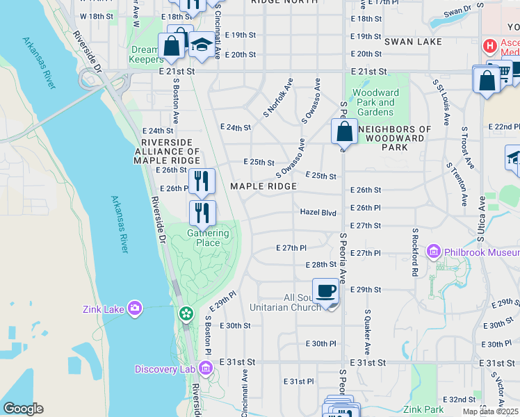 map of restaurants, bars, coffee shops, grocery stores, and more near 220 Hazel Boulevard in Tulsa