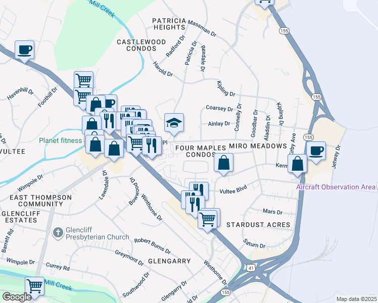 map of restaurants, bars, coffee shops, grocery stores, and more near 1100 Thompson Place in Nashville