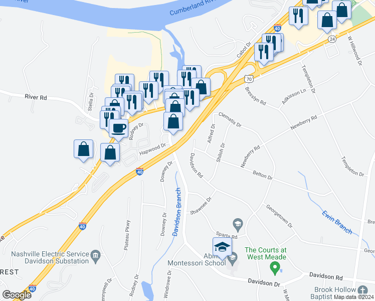 map of restaurants, bars, coffee shops, grocery stores, and more near 1233 Davidson Road in Nashville