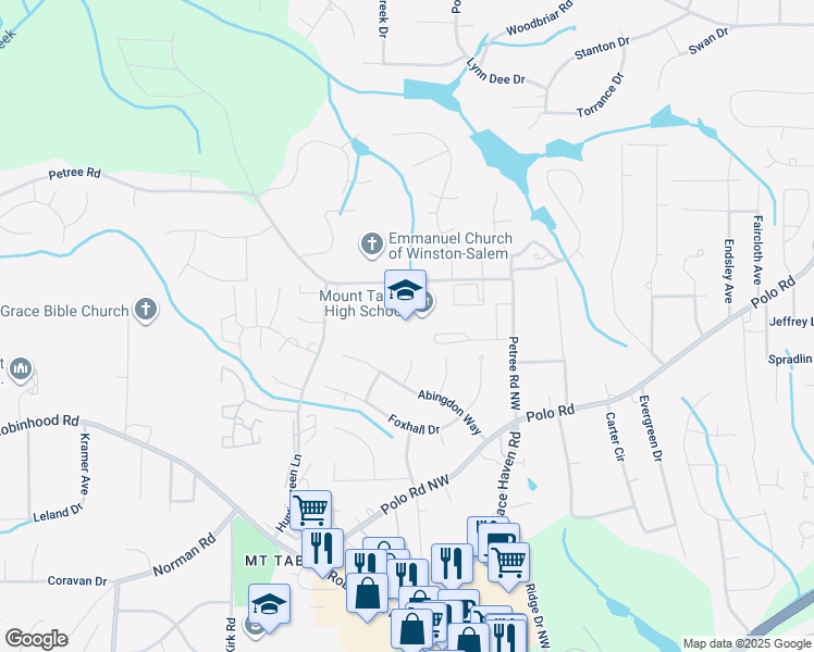 map of restaurants, bars, coffee shops, grocery stores, and more near 342 Petree Road in Winston-Salem