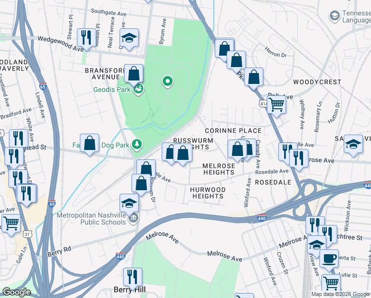 map of restaurants, bars, coffee shops, grocery stores, and more near 531 Fairground Court in Nashville