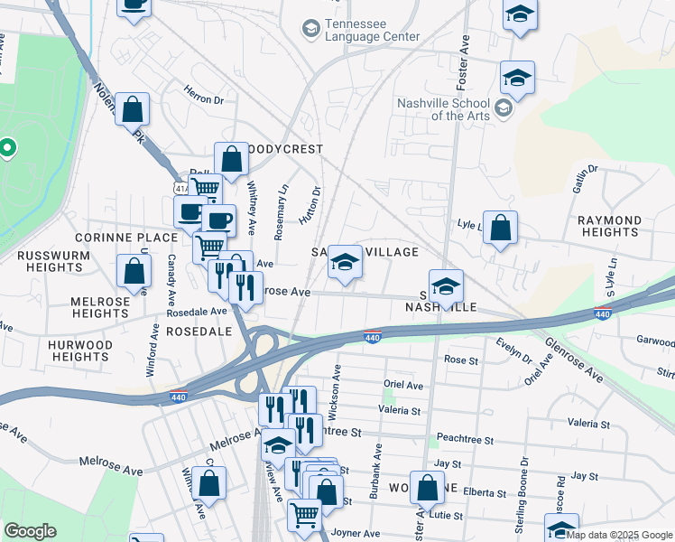 map of restaurants, bars, coffee shops, grocery stores, and more near 2155 Sadler Avenue in Nashville