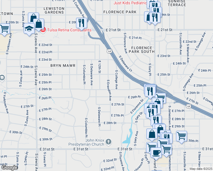 map of restaurants, bars, coffee shops, grocery stores, and more near 2538 South Evanston Avenue in Tulsa