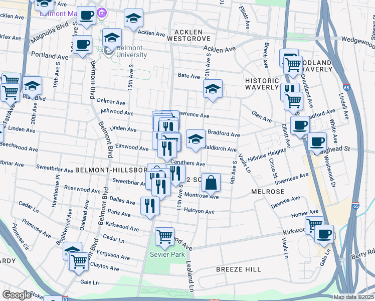 map of restaurants, bars, coffee shops, grocery stores, and more near 2301 10th Avenue South in Nashville