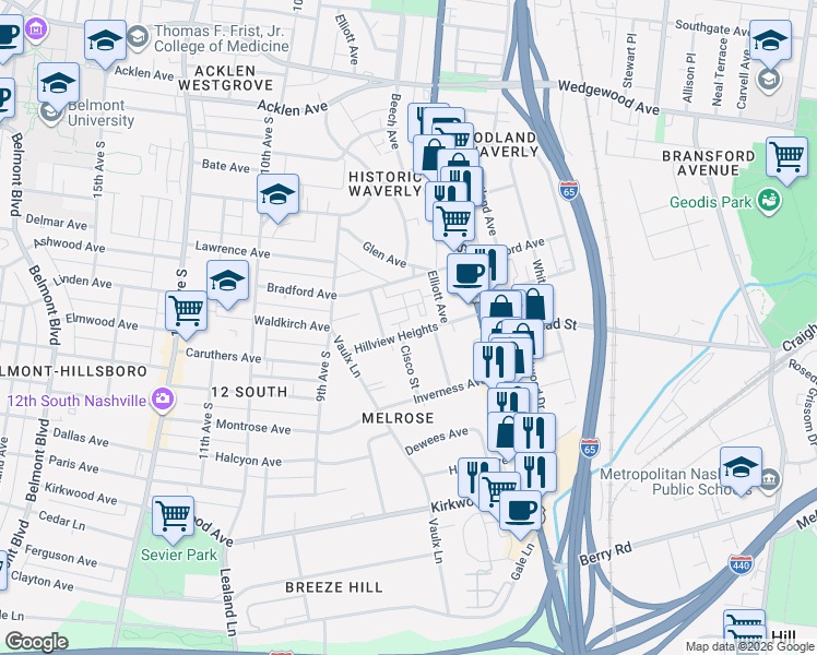 map of restaurants, bars, coffee shops, grocery stores, and more near 809 Hillview Heights in Nashville