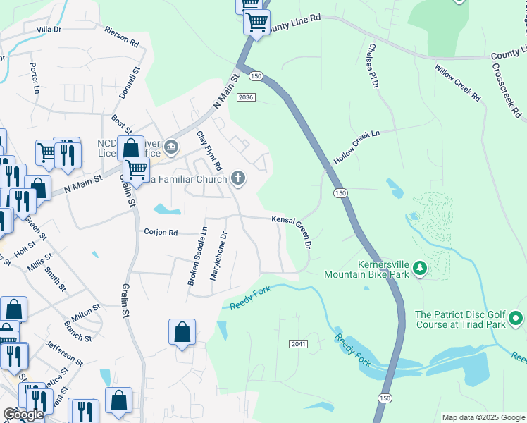 map of restaurants, bars, coffee shops, grocery stores, and more near 917 Kensal Green Drive in Kernersville