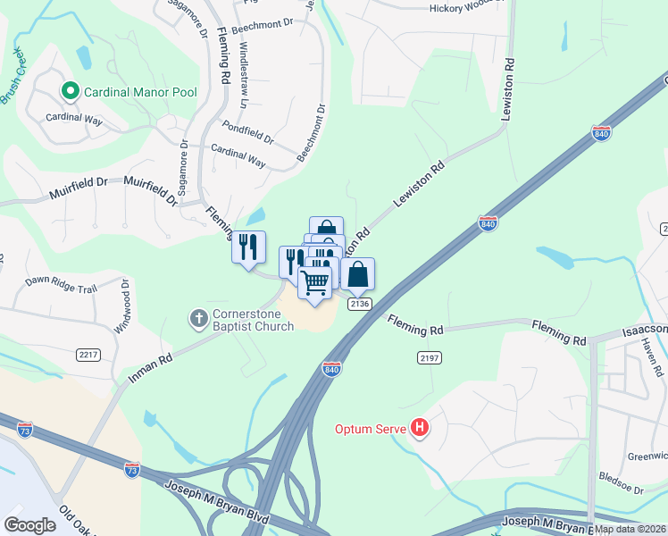 map of restaurants, bars, coffee shops, grocery stores, and more near 2120 Fleming Road in Greensboro