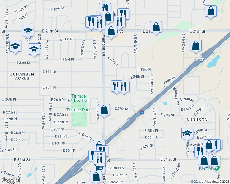 map of restaurants, bars, coffee shops, grocery stores, and more near 8320 East 25th Place in Tulsa