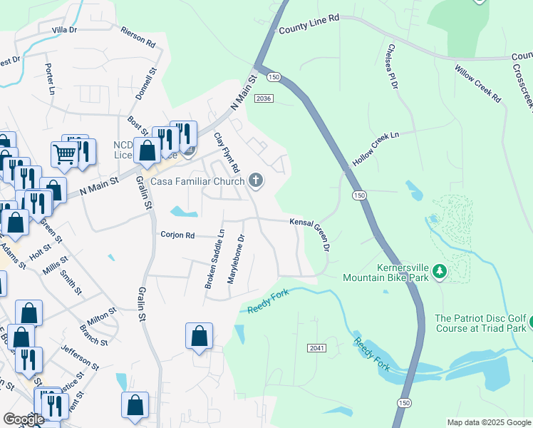 map of restaurants, bars, coffee shops, grocery stores, and more near 904 Kensal Green Drive in Kernersville