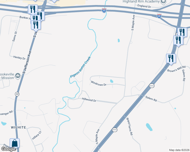 map of restaurants, bars, coffee shops, grocery stores, and more near 495 Windrowe Drive in Cookeville