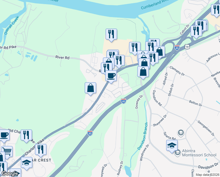 map of restaurants, bars, coffee shops, grocery stores, and more near 1101 Lilly Valley Way in Nashville