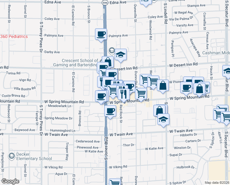 map of restaurants, bars, coffee shops, grocery stores, and more near 3447 Red Rock Street in Las Vegas