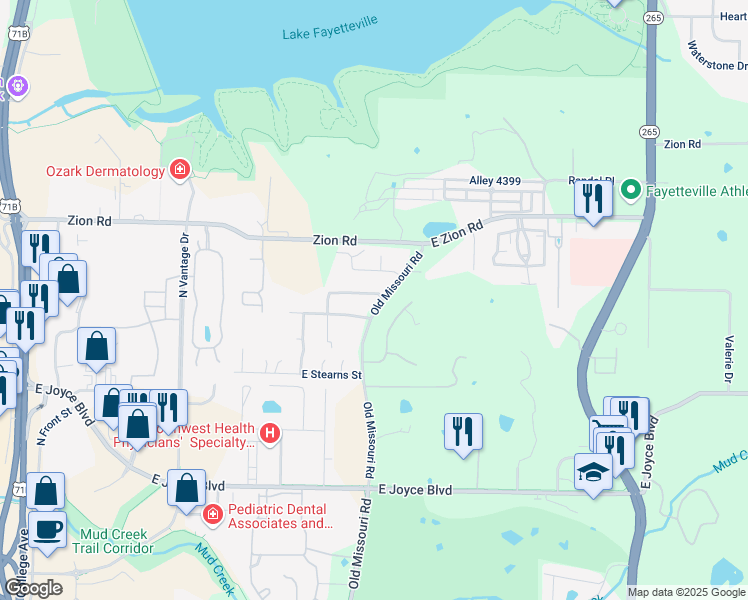 map of restaurants, bars, coffee shops, grocery stores, and more near 2211 East Honeysuckle Lane in Fayetteville
