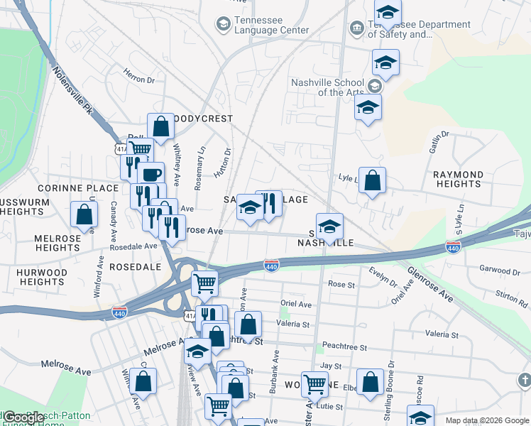 map of restaurants, bars, coffee shops, grocery stores, and more near 2150A Oakland Street in Nashville