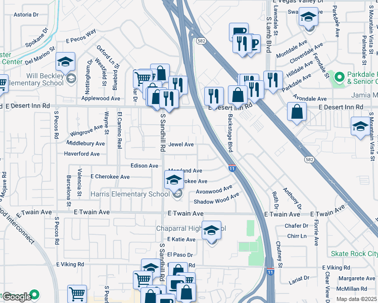 map of restaurants, bars, coffee shops, grocery stores, and more near 3896 Commanche Avenue in Las Vegas