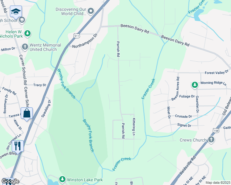 map of restaurants, bars, coffee shops, grocery stores, and more near 3424 Parrish Road in Winston-Salem