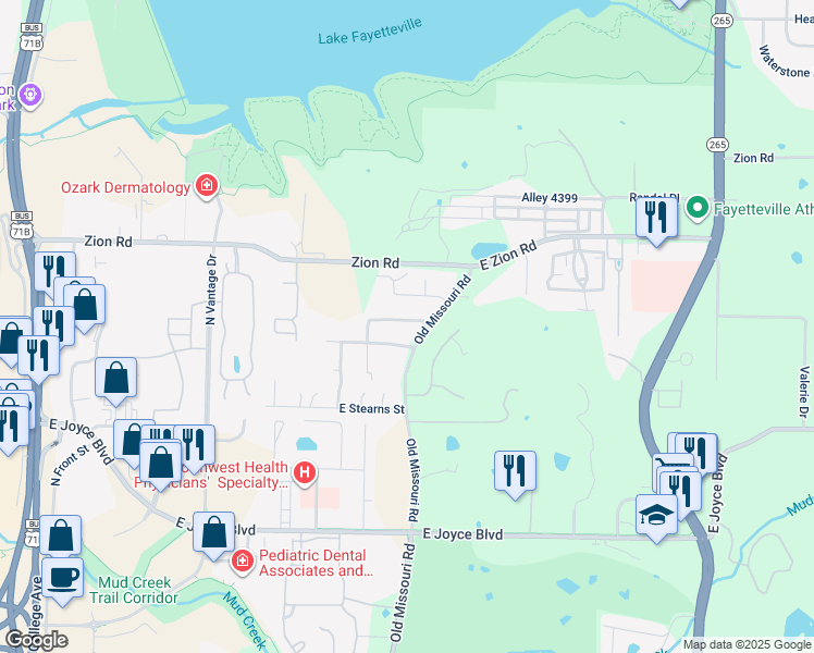 map of restaurants, bars, coffee shops, grocery stores, and more near 2185 East Honeysuckle Lane in Fayetteville
