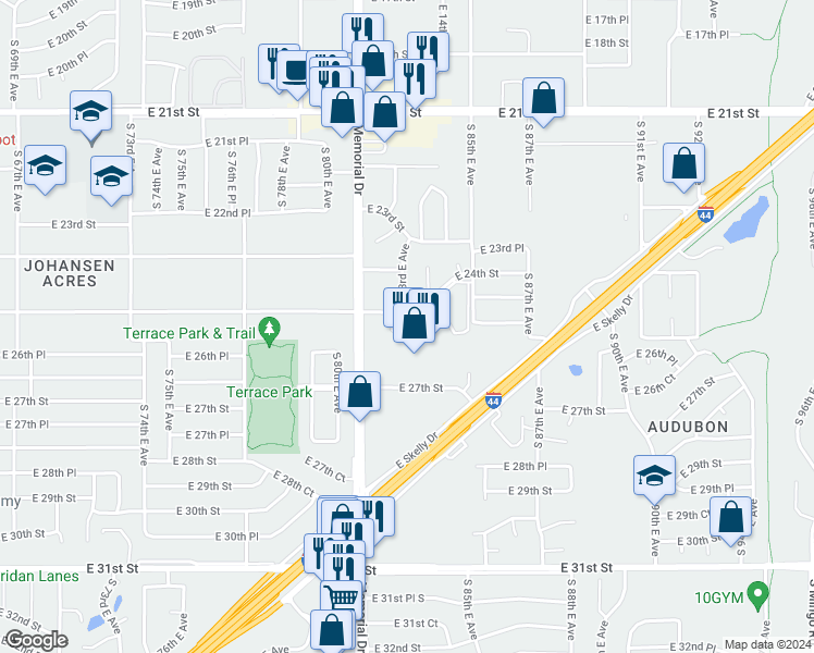 map of restaurants, bars, coffee shops, grocery stores, and more near 8324 East 25th Place in Tulsa