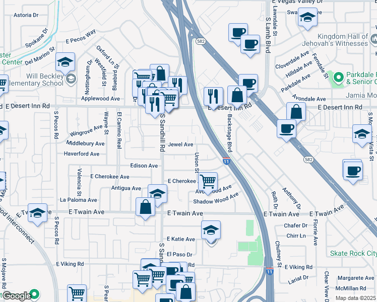 map of restaurants, bars, coffee shops, grocery stores, and more near 3896 Commanche Avenue in Las Vegas