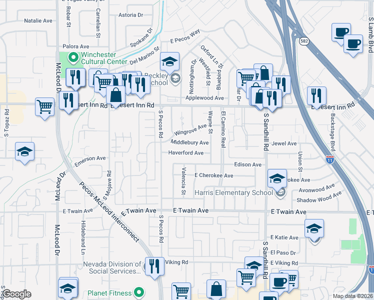 map of restaurants, bars, coffee shops, grocery stores, and more near 3528 Edison Avenue in Las Vegas
