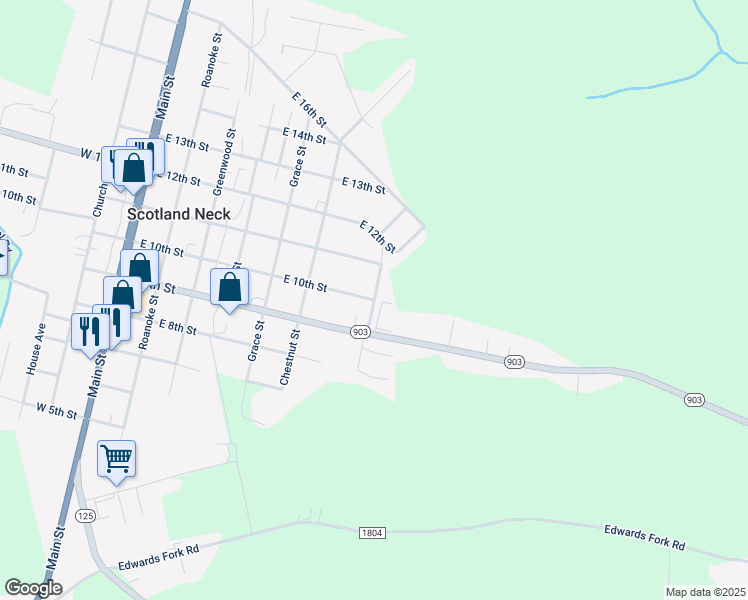 map of restaurants, bars, coffee shops, grocery stores, and more near Ball Park Road in Scotland Neck