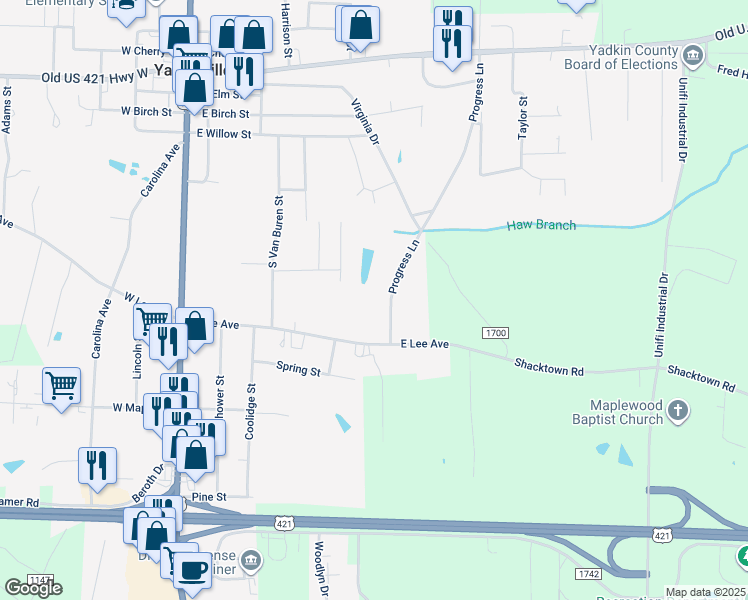 map of restaurants, bars, coffee shops, grocery stores, and more near 335 East Lee Avenue in Yadkinville