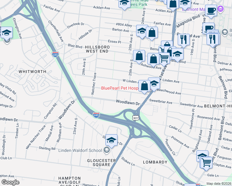 map of restaurants, bars, coffee shops, grocery stores, and more near 2602 Woodlawn Drive in Nashville