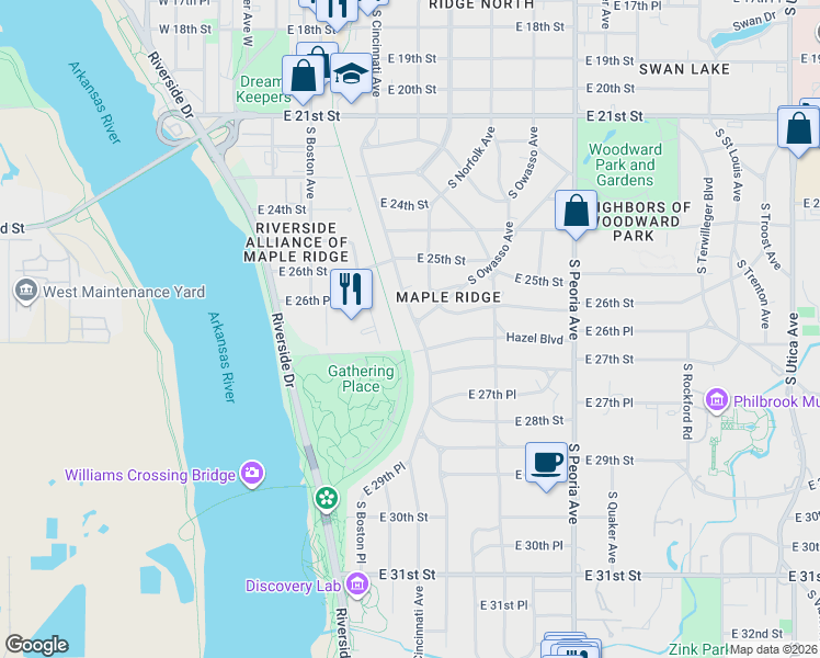 map of restaurants, bars, coffee shops, grocery stores, and more near 2618 South Cincinnati Avenue in Tulsa