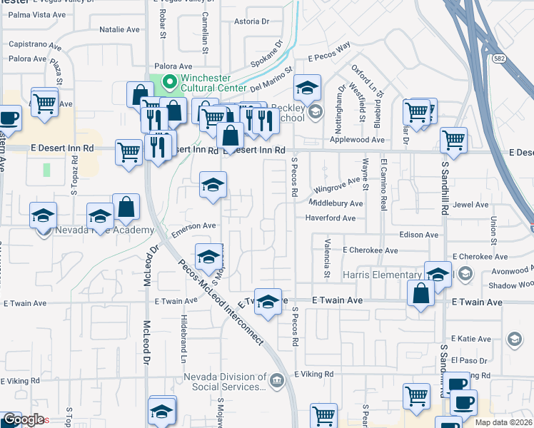 map of restaurants, bars, coffee shops, grocery stores, and more near 3336 Lovell Court in Las Vegas
